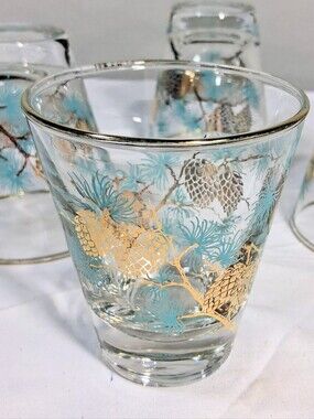 Set Of 4 Libbey 6 Oz. Turqoise/Aqua Needles  w/ Gold Pinecones Lowball Glassware